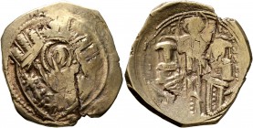 Andronicus II Palaeologus, with Michael IX, 1282-1328. Hyperpyron (Electrum, 24 mm, 4.65 g, 6 h), Constantinopolis. Bust of Virgin Mary, orans, within...