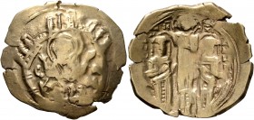 Andronicus II Palaeologus, with Michael IX, 1282-1328. Hyperpyron (Electrum, 24 mm, 4.17 g, 6 h), Constantinopolis. Bust of Virgin Mary, orans, within...