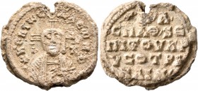 Byzantine Seals. Seal (Lead, 19 mm, 5.61 g, 12 h), circa 10th century. Half-length bust of Christ facing, set on cross. Rev. Inscription in five lines...