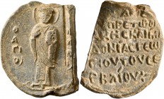 Byzantine Seals. Seal (Lead, 23x30 mm, 14.27 g, 12 h), Georgios, circa 11th century. O/A/ΓI/O' - [...] Saint Nicholas standing facing, holding book of...