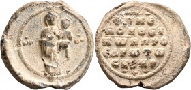 Byzantine Seals. Seal (Lead, 36 mm, 26.12 g, 12 h), circa 11th-12th centuries. The Virgin Mary standing facing, nimbate, holding Infant Christ on arm....