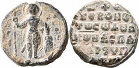 Byzantine Seals. Seal (Lead, 27 mm, 19.60 g, 12 h), circa 11th-12th centuries. St. Theodore standing facing, nimbate, holding spear in his right hand ...