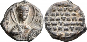 Byzantine Seals. Seal (Lead, 17 mm, 6.10 g, 12 h), circa 11th-12th centuries. Half-length facing bust of St. Georgios, nimbate, holding spear in his r...