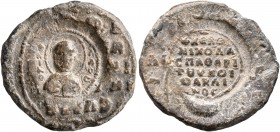 Byzantine Seals. Seal (Lead, 21 mm, 5.58 g, 11 h), circa 11th-12th centuries. O / N/H/K/O-Λ/A/O/C Facing bust of St. Nicholas, wearing pastoral vestme...