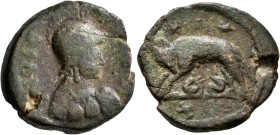 OSTROGOTHS. Municipal coinage of Rome. 20 Nummi – Half Follis (Bronze, 23 mm, 8.21 g, 2 h), time of Athalaric, circa 526-534. INVICTA [ROMA] Helmeted ...
