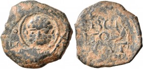 CRUSADERS. Antioch. Tancred, regent, 1101-1112. Follis (Bronze, 19 mm, 4.25 g, 4 h). Ο / ΠΕ-Τ/P/O/C Nimbate bust of St. Peter facing, raising his righ...