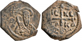 CRUSADERS. Antioch. Tancred, regent, 1101-1112. Follis (Bronze, 21 mm, 3.34 g, 6 h). [ΚΕ ΒΟ TANKP] Cuirassed bust of Tancred facing, wearing turban wi...