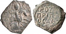 CRUSADERS. Antioch. Roger of Salerno, regent, 1112-1119. Follis (Bronze, 21 mm, 4.24 g, 1 h). O-A (in monogram form) [ΓEωP] St. George, nimbate, on ho...