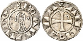 CRUSADERS. Antioch. Bohémond III, 1163-1201. Denier (Silver, 17 mm, 1.08 g, 8 h). +BOAHVNDVS Helmeted head of a knight to left flanked by crescent and...