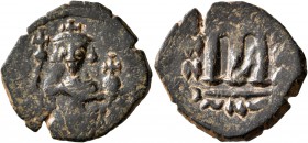 ISLAMIC, Time of the Rashidun. Pseudo-Byzantine types. Fals (Bronze, 20 mm, 2.63 g, 6 h), imitating a follis of Constans II, uncertain mint, circa 19-...
