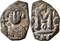 ISLAMIC, Time of the Rashidun. Pseudo-Byzantine types. Fals (Bronze, 15x21 mm, 2.83 g, 12 h), imitating a follis of Constans II, uncertain mint, circa...