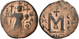ISLAMIC, Umayyad Caliphate. temp. Mu'awiya I ibn Abi Sufyan, AH 41-60 / AD 661-680. Fals (Bronze, 20 mm, 4.37 g, 5 h), Arab-Byzantine type, Hims. Impe...