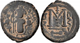 ISLAMIC, Umayyad Caliphate. temp. Mu'awiya I ibn Abi Sufyan, AH 41-60 / AD 661-680. Fals (Bronze, 20 mm, 4.34 g, 6 h), Arab-Byzantine type, Dimashq. I...