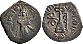 ISLAMIC, Umayyad Caliphate. temp. 'Abd al-Malik ibn Marwan, AH 65-86 / AD 685-705. Fals (Bronze, 20 mm, 2.23 g, 1 h), 'Standing Caliph' type, Qinnasri...