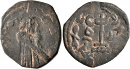 ISLAMIC, Umayyad Caliphate. temp. 'Abd al-Malik ibn Marwan, AH 65-86 / AD 685-705. Fals (Bronze, 21 mm, 3.66 g, 4 h), 'Standing Caliph' type, uncertai...