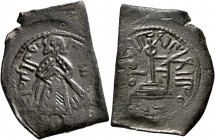 ISLAMIC, Umayyad Caliphate. temp. 'Abd al-Malik ibn Marwan, AH 65-86 / AD 685-705. Fals (Bronze, 18x24 mm, 3.33 g, 12 h), 'Standing Caliph' type, Hala...