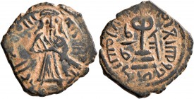ISLAMIC, Umayyad Caliphate. temp. 'Abd al-Malik ibn Marwan, AH 65-86 / AD 685-705. Fals (Bronze, 21 mm, 3.45 g, 3 h), 'Standing Caliph' type, Halab, A...