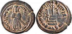 ISLAMIC, Umayyad Caliphate. temp. 'Abd al-Malik ibn Marwan, AH 65-86 / AD 685-705. Fals (Bronze, 20 mm, 3.00 g, 6 h), 'Standing Caliph' type, Hims, AH...