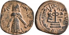 ISLAMIC, Umayyad Caliphate. temp. 'Abd al-Malik ibn Marwan, AH 65-86 / AD 685-705. Fals (Bronze, 20 mm, 3.32 g, 9 h), 'Standing Caliph' type, Tanukh, ...