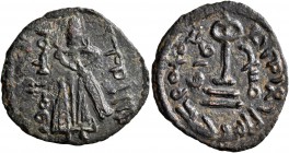 ISLAMIC, Umayyad Caliphate. temp. 'Abd al-Malik ibn Marwan, AH 65-86 / AD 685-705. Fals (Bronze, 22 mm, 2.43 g, 3 h), 'Standing Caliph' type, Manbij, ...