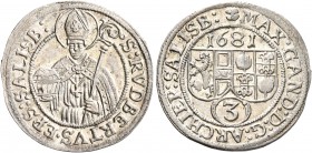 AUSTRIA. Salzburg, Erzbistum. Max Gandolph von Küenburg, 1668-1687. 3 Kreuzer (Silver, 21 mm, 1.54 g, 12 h), 1681. S:RVBERTVS•ESP:SALISB: Facing half-...