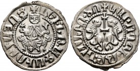 ARMENIA, Cilician Armenia. Royal. Levon I, 1198-1219. Tram (Silver, 23 mm, 2.97 g, 7 h). Levon seated facing on throne decorated with lions, holding c...