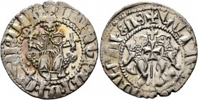 ARMENIA, Cilician Armenia. Royal. Levon I, 1198-1219. Tram (Silver, 22 mm, 3.02 g, 7 h). Levon seated facing on throne decorated with lions, holding c...