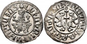ARMENIA, Cilician Armenia. Royal. Levon I, 1198-1219. Tram (Silver, 23 mm, 2.97 g, 9 h). Levon seated facing on throne decorated with lions, holding c...