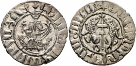 ARMENIA, Cilician Armenia. Royal. Levon I, 1198-1219. Tram (Silver, 21 mm, 2.96 g, 7 h). Levon seated facing on throne decorated with lions, holding c...