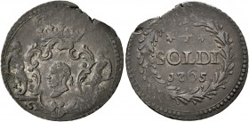 ITALY. Corte (Corsica). Pasquale Paoli, 1762-1768. 4 Soldi (Bronze, 20 mm, 1.51 g, 12 h), 1765. Crowned coat of arms flanked by two mermaids. Rev. 4 /...