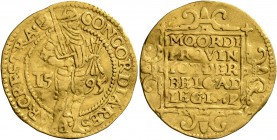 LOW COUNTRIES. Utrecht. Provincial coinage. Ducat (Gold, 22 mm, 3.43 g, 9 h), 1595. CONCORDIA•RES•PAR•CRES•TRA• Knight standing right, holding sword a...
