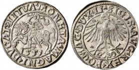 POLAND, Monarchs. Zygmunt II Augustas, 1548-1572. Half Grosz (Silver, 20 mm, 1.21 g, 9 h), 1557, Vilnius. MONETA MAGNI DVCAT LITVA Knight riding on ho...