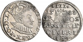 POLAND, Monarchs. Zygmunt III Wasa, 1587-1632. 3 Groszy (Silver, 21 mm, 2.35 g, 3 h), 1588, Riga. SIG•III•D:•REX PO:D:LI Crowned bust of Zygmunt III t...