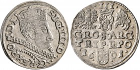 POLAND, Monarchs. Zygmunt III Wasa, 1587-1632. 3 Groszy (Silver, 20 mm, 2.55 g, 7 h), 1601, Wschowa. SIG•III•D:•REX PO:D:LI Crowned bust of Zygmunt II...