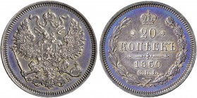 RUSSIA, Tsars of Russia. Aleksandr II Nikolaevich, 1855-1881. 20 Kopeks (Silver, 21 mm, 4.06 g, 12 h), 1860, St. Petersburg. Crowned double eagle. Rev...