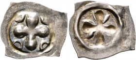 SWITZERLAND. Basel, Bistum. Anonymous, 1150-1200. Viereckiger Pfennig (Silver, 16 mm, 0.39 g). Thick cross with annulets in angles. Rev. Wheel with fo...