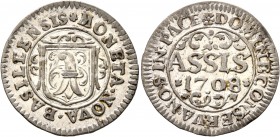 SWITZERLAND. Basel-Stadt. Basel. Assis (Billon, 21 mm, 1.24 g, 12 h), 1708. Coat of arms. Rev. ASSIS / 1708. HMZ 2-106a. Extremely fine.