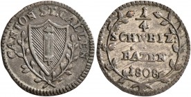 SWITZERLAND. St. Gallen, Kanton. 1/4 Batzen (Silver, 16 mm, 1.05 g, 6 h), 1808. Coat of arms. Rev. 1/4 / SCHWEIZ: / BAZEN / 1808 within wreath. HMZ 2-...