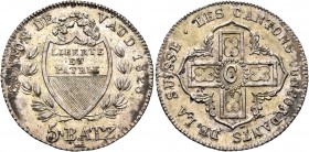 SWITZERLAND. Waadt (Vaud). Kanton. 5 Batzen (Silver, 26 mm, 4.32 g, 6 h), 1828. Coat of arms. Rev. C within cross. HMZ 2-1002l. Nicely toned. Good ext...