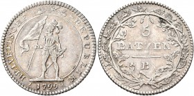 SWITZERLAND. Helvetische Republik. 1798-1803. 5 Batzen (Silver, 24 mm, 4.65 g, 6 h), 1799 B, Bern. HELVETISCHE REPUBLIK / 1799 Soldier standing left, ...