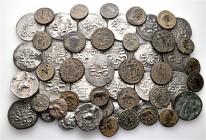 A lot containing 27 silver and 28 bronze coins. Includes: Greek and Roman Imperial. Fine to very fine. LOT SOLD AS IS, NO RETURNS. 55 coins in lot.