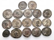 A lot containing 17 silvered bronze or bronze coins. All: Roman Imperial Antoniniani. Very fine to good very fine. LOT SOLD AS IS, NO RETURNS. 17 coin...