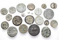 A lot containing 1 plated gold, 2 electrum, 2 silver and 17 bronze coins. Includes: Greek, Roman Provincial, Roman Imperial and Byzantine. Fine to abo...