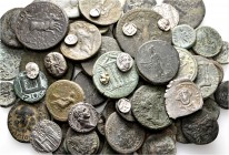A lot containing 1 plated electrum, 12 silver and 54 bronze coins. Includes: Greek, Roman Provincial, Roman Imperial, Byzantine and Medieval. Fine to ...