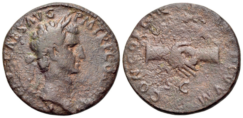 Nerva (96-98) Æ As (25mm, 8.91g, 5h). Rome, AD 96. Laureate head right. R/ Clasp...