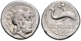 Republik. L. Lucretius Trio 76-74 v. Chr. Denar, Neptunkopf n. r. / Cupido auf Delphin n. r. Albert&nbsp;1291. 3,92&nbsp;g. .