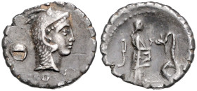 Republik. Roscia 58 v. Chr. Denar Rom, Kopf Juno Sospita n.r. / Frau mit Schlange. 3,71&nbsp;g. .