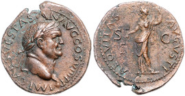 Kaiserzeit. Vespasian 69-79. AE- As 77-78 Lyon Kopfbild nach rechts. / Aequitas mit Waage und Stab. RIC&nbsp;758. leichter Randausbruch, vorzügliches ...