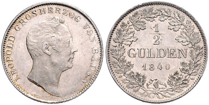 Baden/-Großherzogtum. 
Leopold 1830-1852. 1/2 Gulden 1840. AKS&nbsp;97, Jaeger&...