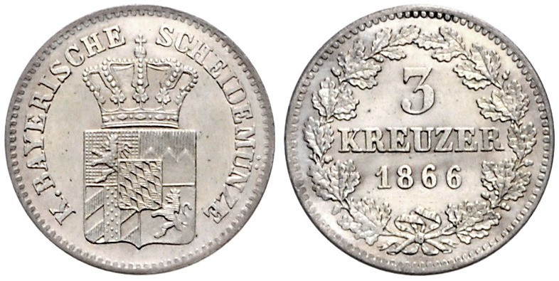 Bayern. 
Ludwig II. 1864-1886. 3 Kreuzer 1866. AKS&nbsp;182, Jaeger&nbsp;97. . ...